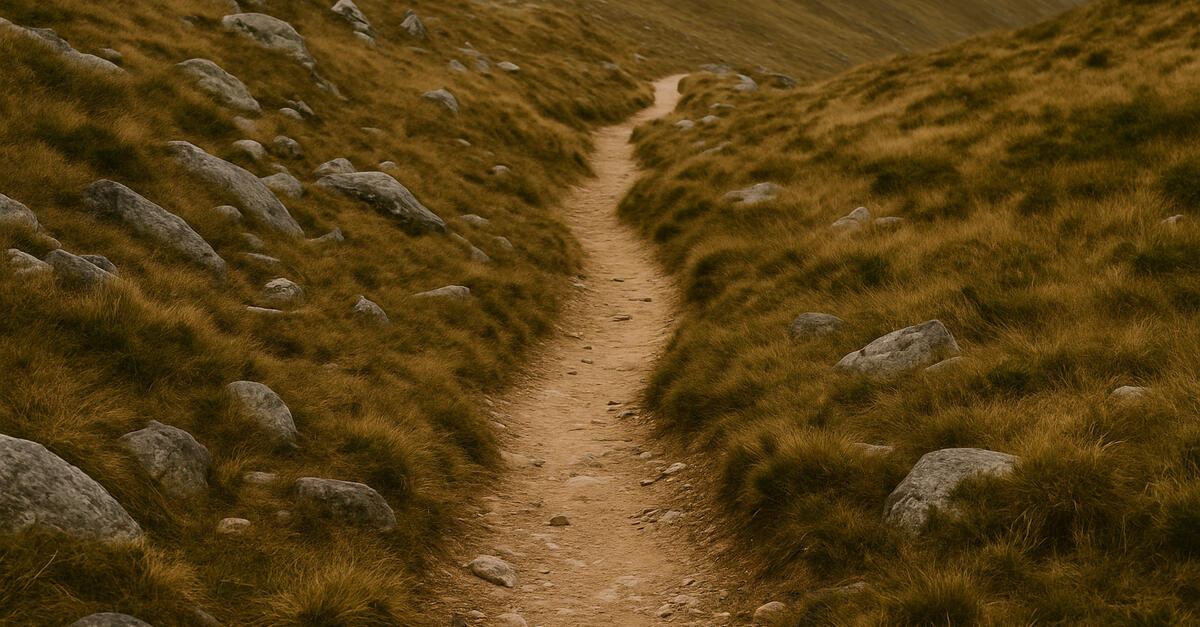 A narrow, uneven dirt path winds upward through rocky terrain and tall grasses. The rugged trail is faint but visible, symbolizing the challenge of progress when the way forward isn’t clearly defined.