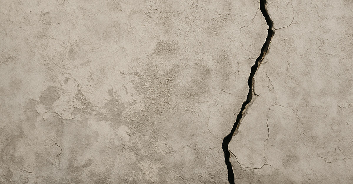 A weathered concrete wall with a deep vertical crack running down its surface. The fracture stands out against the rough, faded texture, symbolizing both damage and resilience as the wall still stands upright.