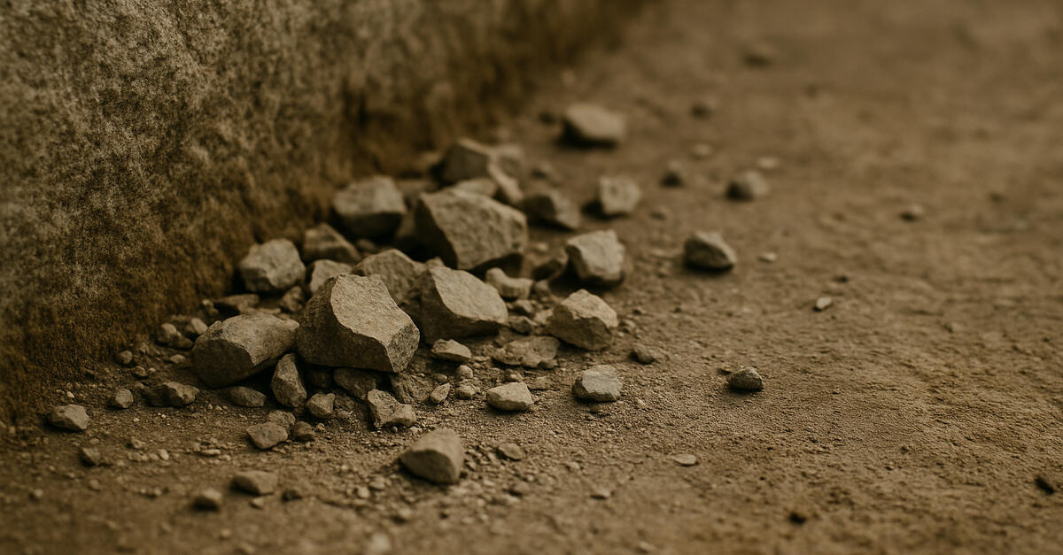 A close-up of stone fragments and fine dust scattered on the ground at the base of a rough stone wall. The broken chips and powder symbolize the visible evidence of persistence, patience, and the steady work of chiseling over time.