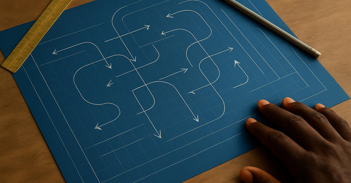 A dark-skinned hand rests on the corner of a blue blueprint covered with abstract white arrows and intersecting paths. A brass ruler and silver pencil lie nearby on the wooden table, symbolizing the process of drafting, revising, and building a life or car