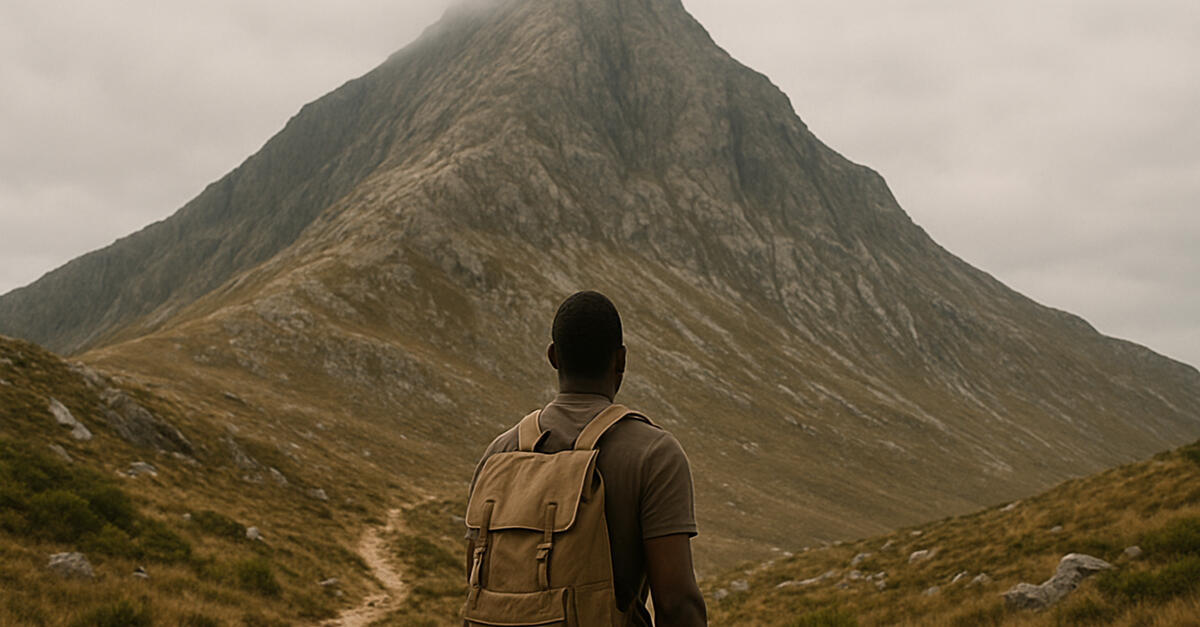 A Black man with his back to the viewer stands at the base of a massive, mist-covered mountain. The scale of the peak looms far above him, emphasizing the challenge ahead as he looks upward at how much further he has to climb.