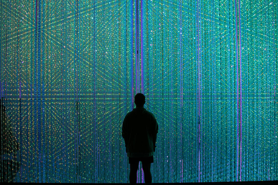 Where systems illuminate, people interpret. The interface is as alive as the one who meets it. A silhouetted figure stands before a wall of luminous green and blue lights, representing the intersection of human presence and digital systems.