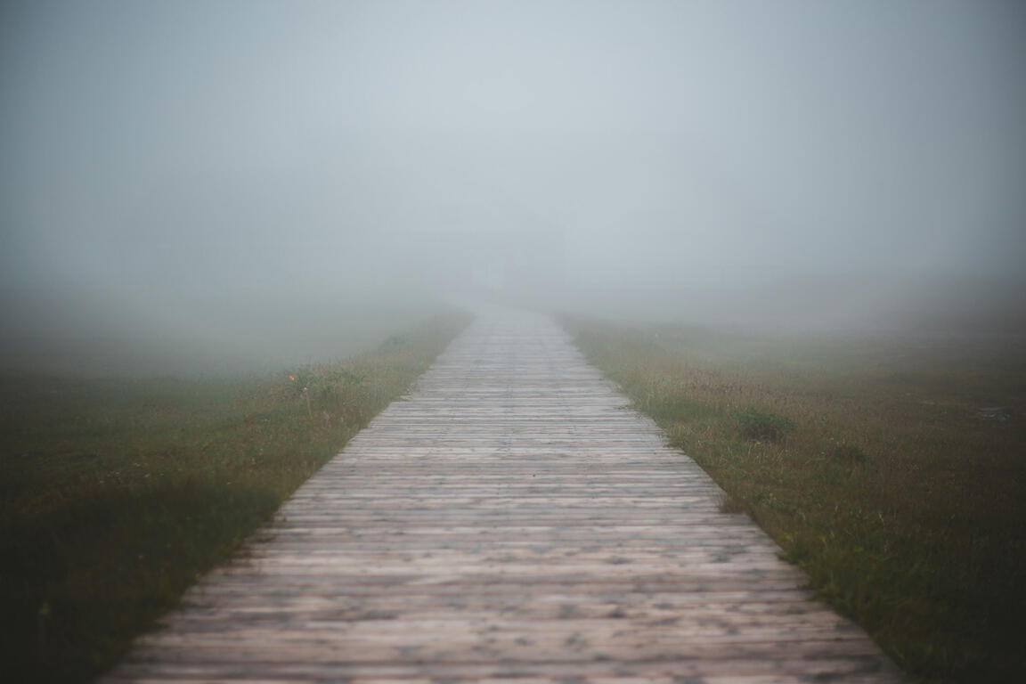 A wooden pathway fades into heavy fog, obscuring what lies ahead, suggesting uncertainty or transition.